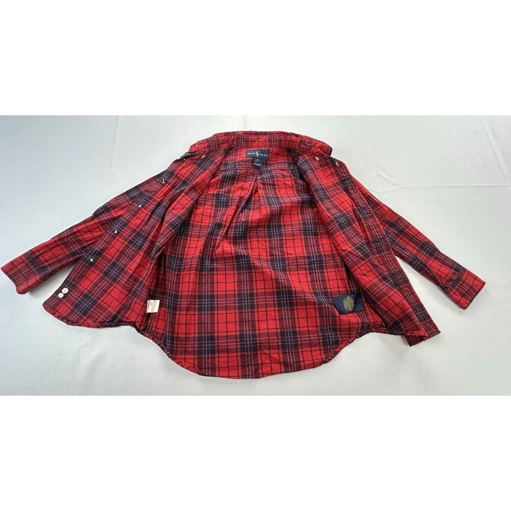 Ralph Lauren Boys Size 5 Red Navy Plaid Button Down Shirt 100% Cotton